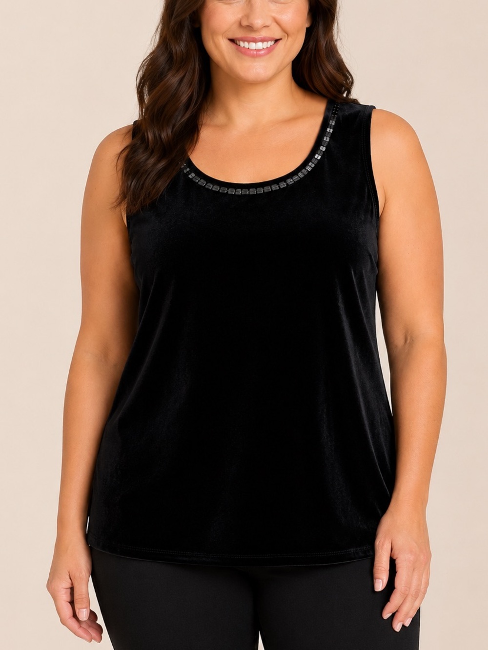Quacker Factory Black Velvet Tank Top Large Sequin Neckline Stretch Classic Chic